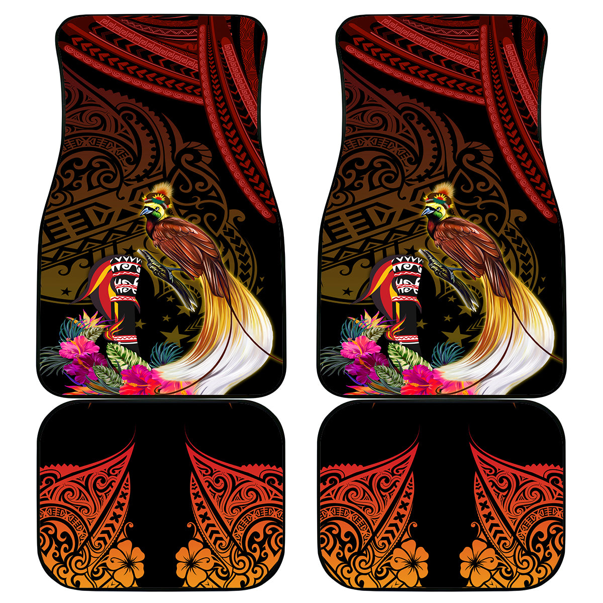 Papua New Guinea Bird-of-Paradise Car Mats Hibiscus and Kundu Drum Tribal Pattern