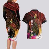 Papua New Guinea Bird-of-Paradise Couples Matching Long Sleeve Bodycon Dress and Hawaiian Shirt Hibiscus and Kundu Drum Tribal Pattern LT03 - Polynesian Pride