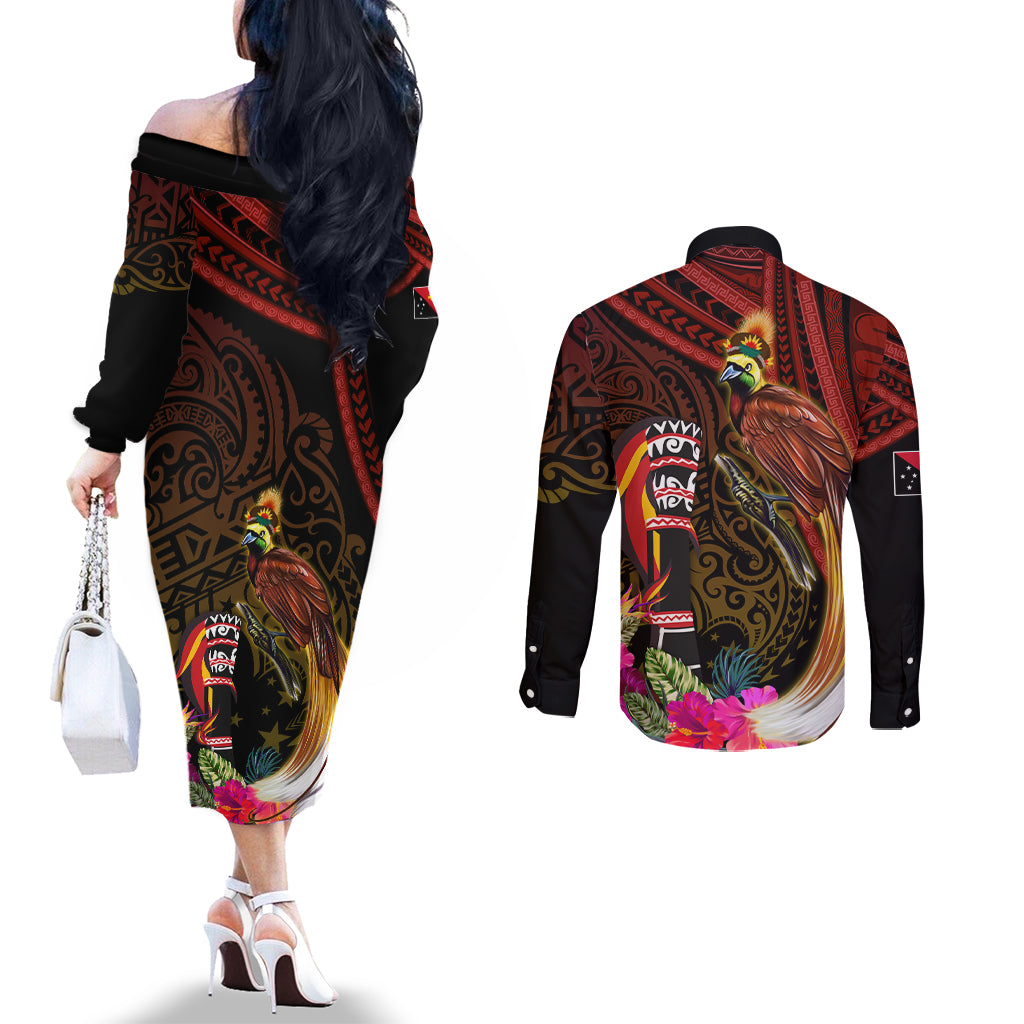 Papua New Guinea Bird-of-Paradise Couples Matching Off The Shoulder Long Sleeve Dress and Long Sleeve Button Shirt Hibiscus and Kundu Drum Tribal Pattern LT03 - Polynesian Pride