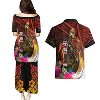 Papua New Guinea Bird-of-Paradise Couples Matching Puletasi and Hawaiian Shirt Hibiscus and Kundu Drum Tribal Pattern LT03 - Polynesian Pride