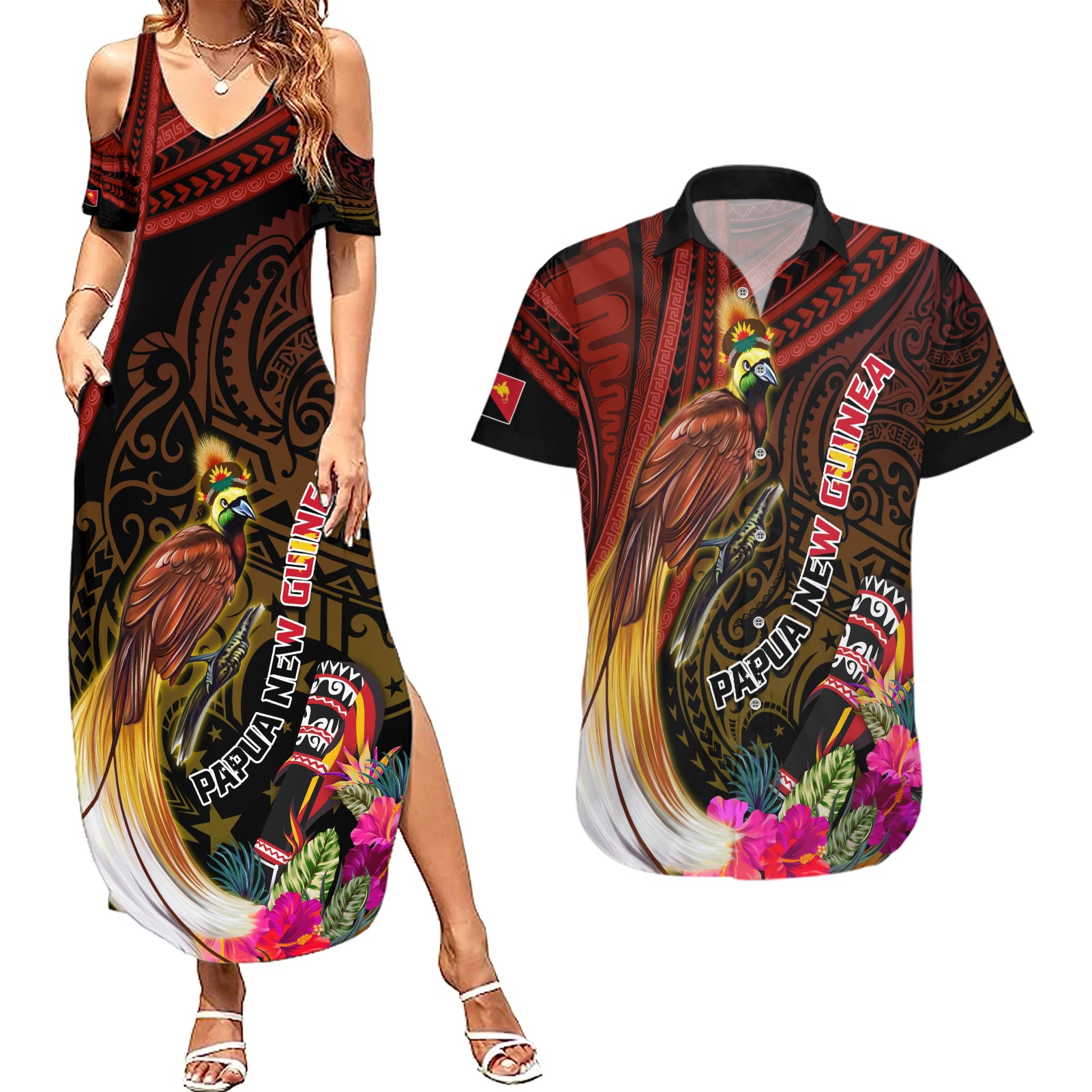 Papua New Guinea Bird-of-Paradise Couples Matching Summer Maxi Dress and Hawaiian Shirt Hibiscus and Kundu Drum Tribal Pattern LT03 Yellow - Polynesian Pride