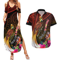 Papua New Guinea Bird-of-Paradise Couples Matching Summer Maxi Dress and Hawaiian Shirt Hibiscus and Kundu Drum Tribal Pattern LT03 Yellow - Polynesian Pride