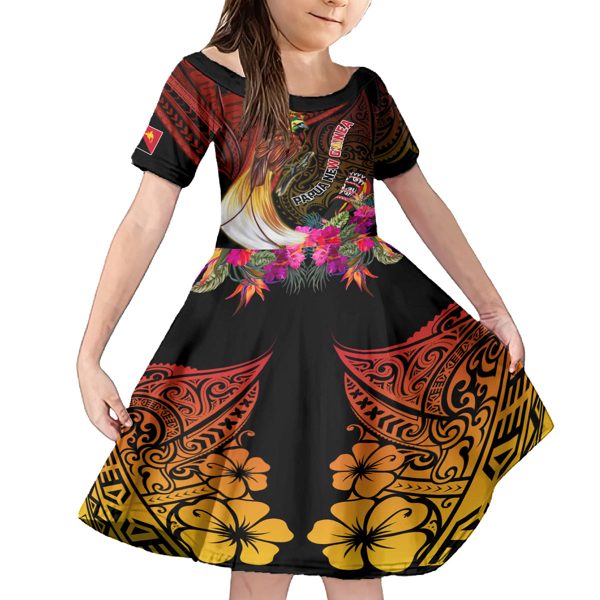 Papua New Guinea Bird-of-Paradise Family Matching Off The Shoulder Long Sleeve Dress and Hawaiian Shirt Hibiscus and Kundu Drum Tribal Pattern LT03 Daughter's Dress Yellow - Polynesian Pride