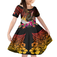 Papua New Guinea Bird-of-Paradise Family Matching Off Shoulder Short Dress and Hawaiian Shirt Hibiscus and Kundu Drum Tribal Pattern LT03 Daughter's Dress Yellow - Polynesian Pride