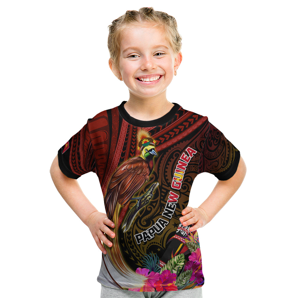 Papua New Guinea Bird-of-Paradise Kid T Shirt Hibiscus and Kundu Drum Tribal Pattern LT03 Yellow - Polynesian Pride