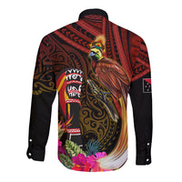 Papua New Guinea Bird-of-Paradise Long Sleeve Button Shirt Hibiscus and Kundu Drum Tribal Pattern LT03 - Polynesian Pride