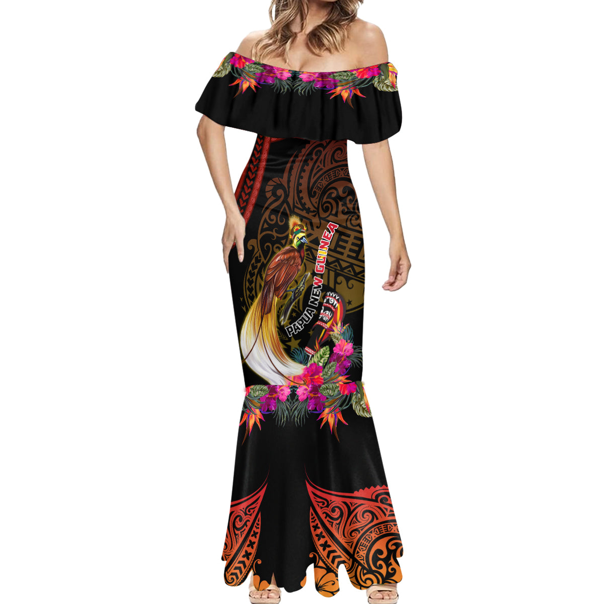 Papua New Guinea Bird-of-Paradise Mermaid Dress Hibiscus and Kundu Drum Tribal Pattern LT03 - Polynesian Pride