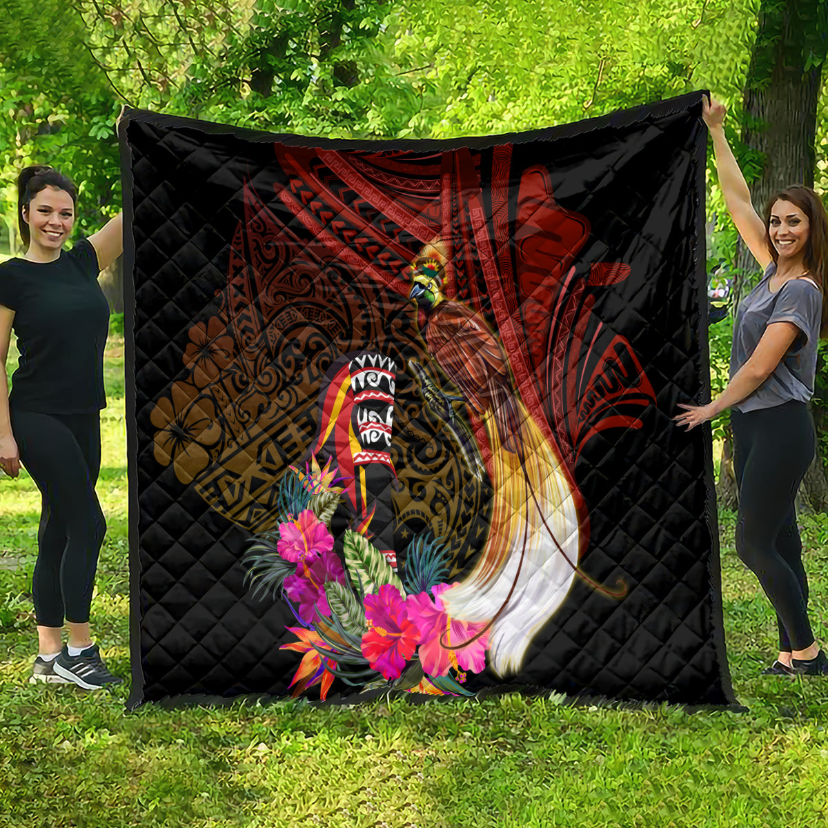 Papua New Guinea Bird-of-Paradise Quilt Hibiscus and Kundu Drum Tribal Pattern LT03 - Polynesian Pride