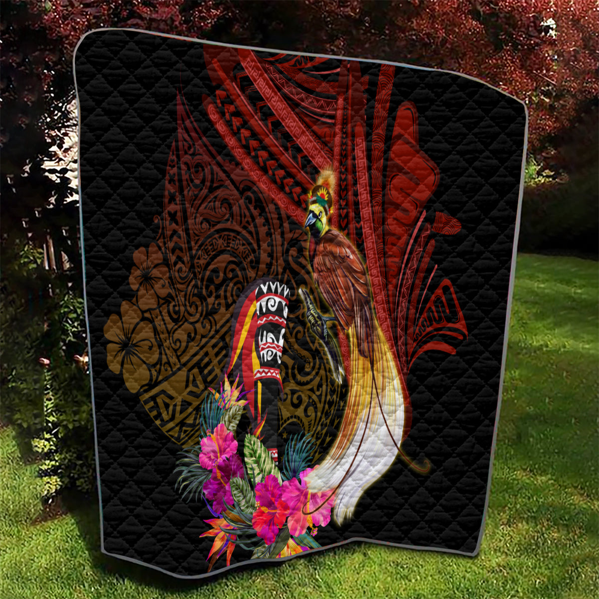 Papua New Guinea Bird-of-Paradise Quilt Hibiscus and Kundu Drum Tribal Pattern LT03 - Polynesian Pride