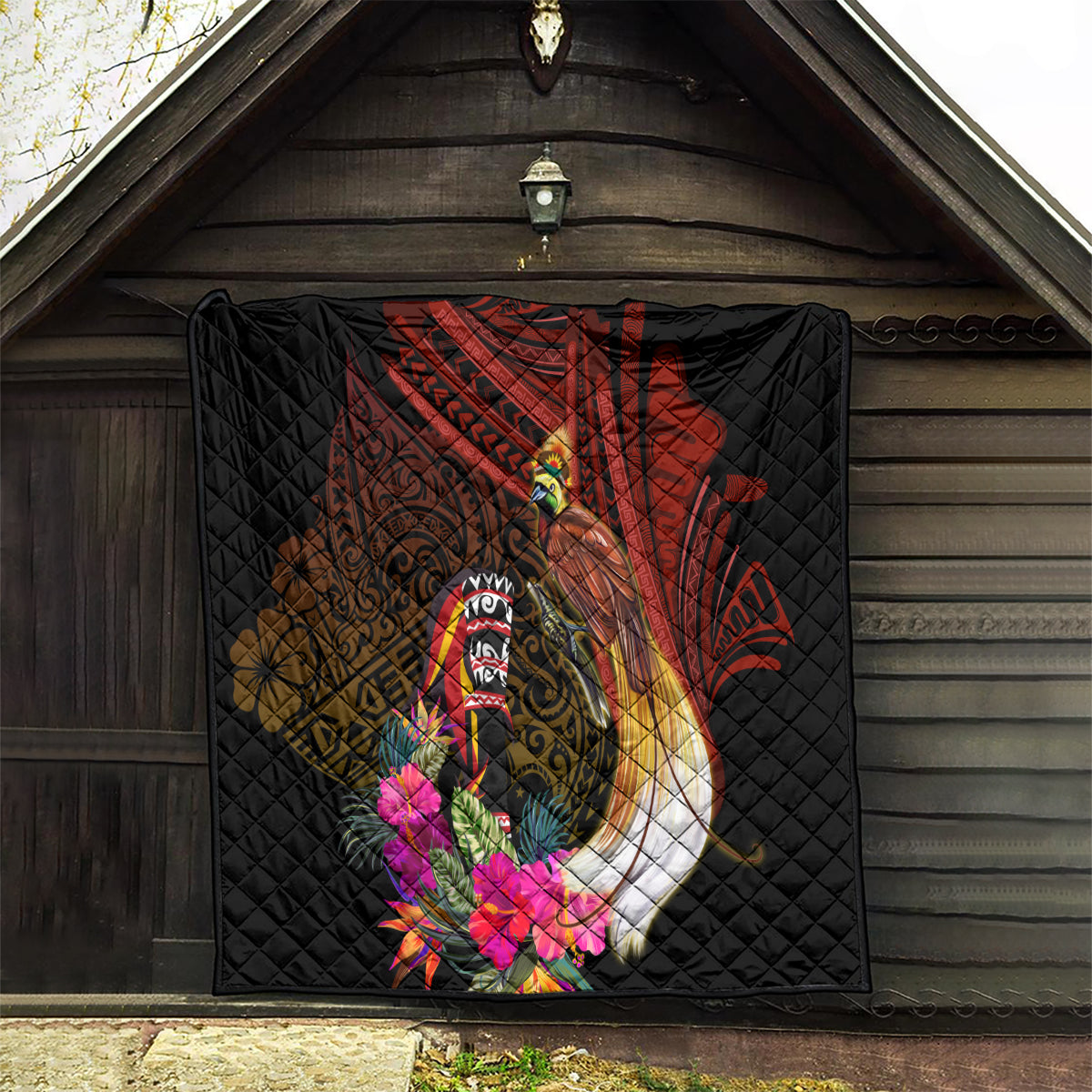 Papua New Guinea Bird-of-Paradise Quilt Hibiscus and Kundu Drum Tribal Pattern LT03 - Polynesian Pride