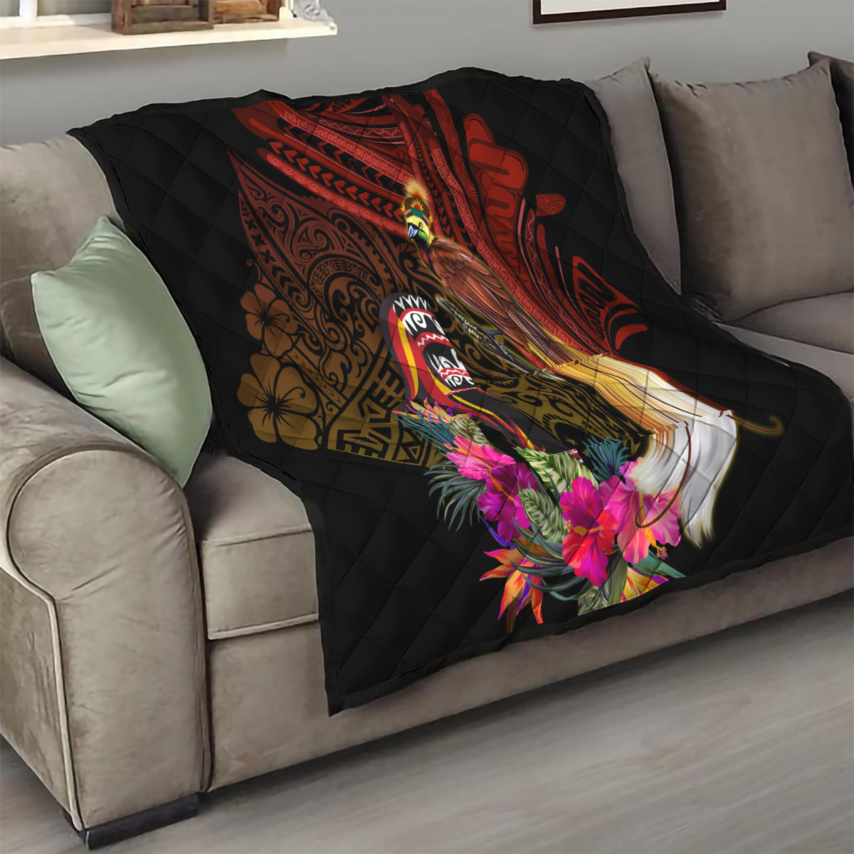 Papua New Guinea Bird-of-Paradise Quilt Hibiscus and Kundu Drum Tribal Pattern LT03 - Polynesian Pride