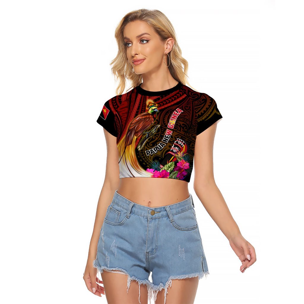 Papua New Guinea Bird-of-Paradise Raglan Cropped T Shirt Hibiscus and Kundu Drum Tribal Pattern LT03 Female Yellow - Polynesian Pride