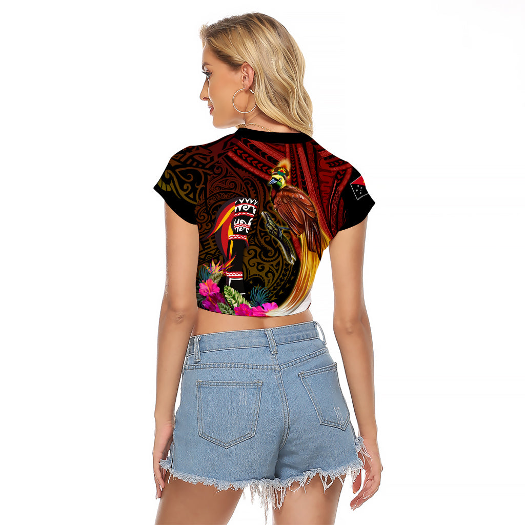 Papua New Guinea Bird-of-Paradise Raglan Cropped T Shirt Hibiscus and Kundu Drum Tribal Pattern LT03 - Polynesian Pride