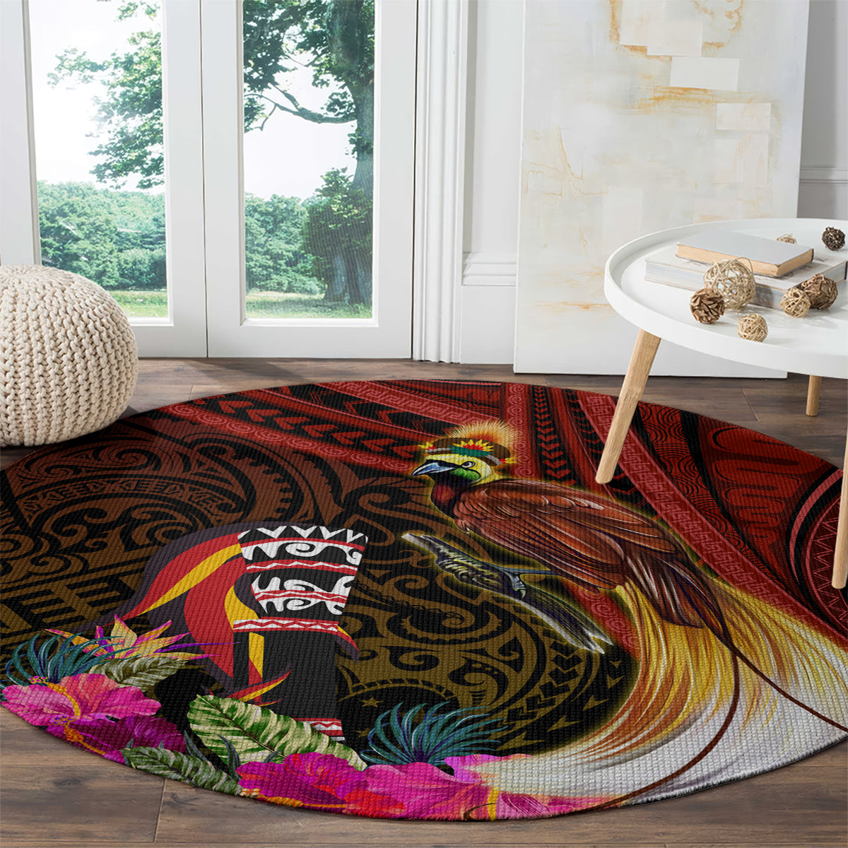 Papua New Guinea Bird-of-Paradise Round Carpet Hibiscus and Kundu Drum Tribal Pattern LT03 - Polynesian Pride