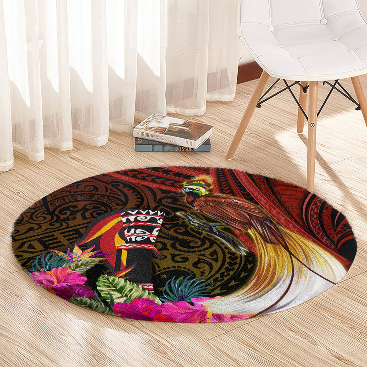 Papua New Guinea Bird-of-Paradise Round Carpet Hibiscus and Kundu Drum Tribal Pattern LT03 - Polynesian Pride