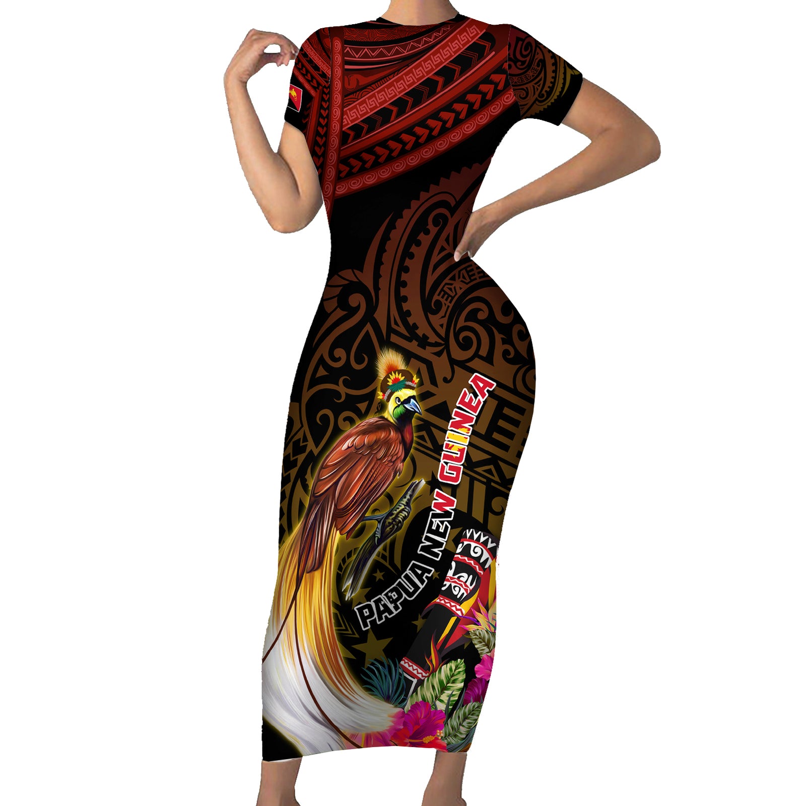 Papua New Guinea Bird-of-Paradise Short Sleeve Bodycon Dress Hibiscus and Kundu Drum Tribal Pattern LT03 Long Dress Yellow - Polynesian Pride