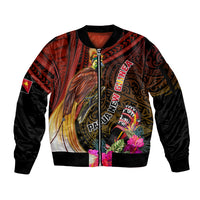 Papua New Guinea Bird-of-Paradise Sleeve Zip Bomber Jacket Hibiscus and Kundu Drum Tribal Pattern LT03 Unisex Yellow - Polynesian Pride