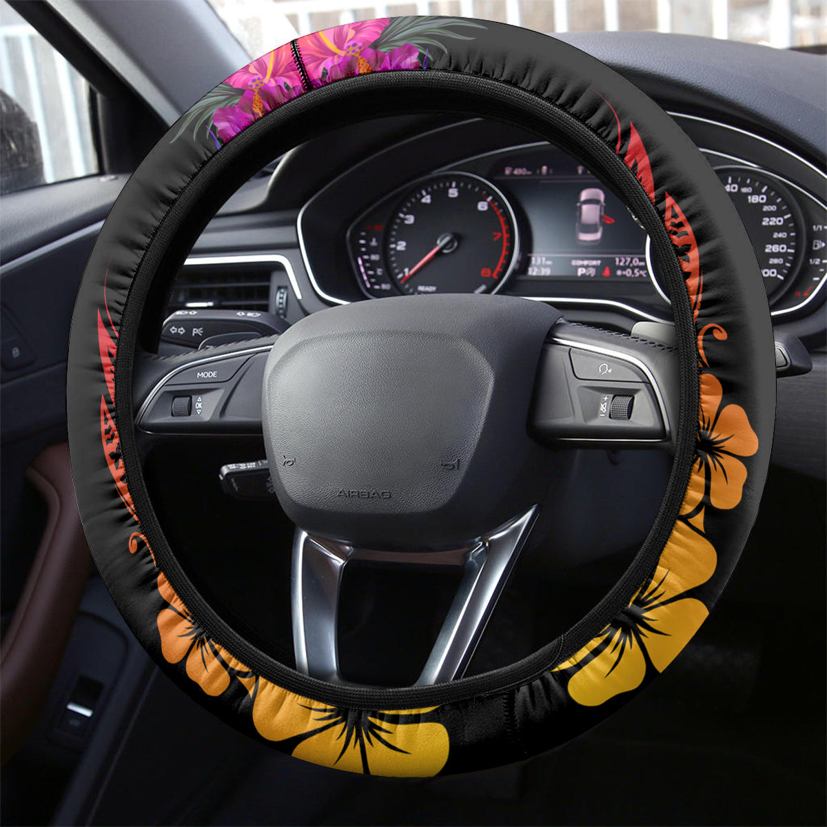 Papua New Guinea Bird-of-Paradise Steering Wheel Cover Hibiscus and Kundu Drum Tribal Pattern