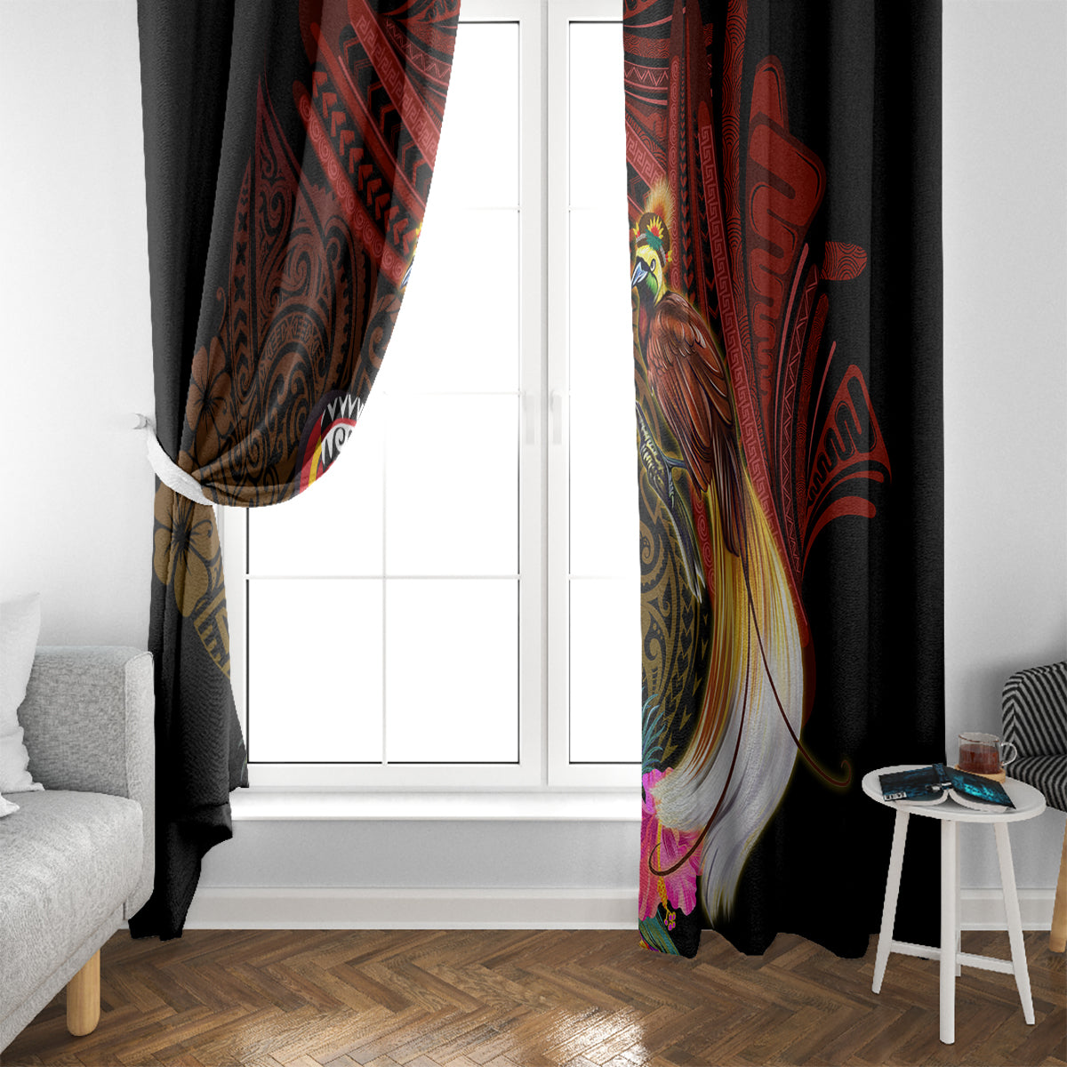 Papua New Guinea Bird-of-Paradise Window Curtain Hibiscus and Kundu Drum Tribal Pattern LT03 - Polynesian Pride