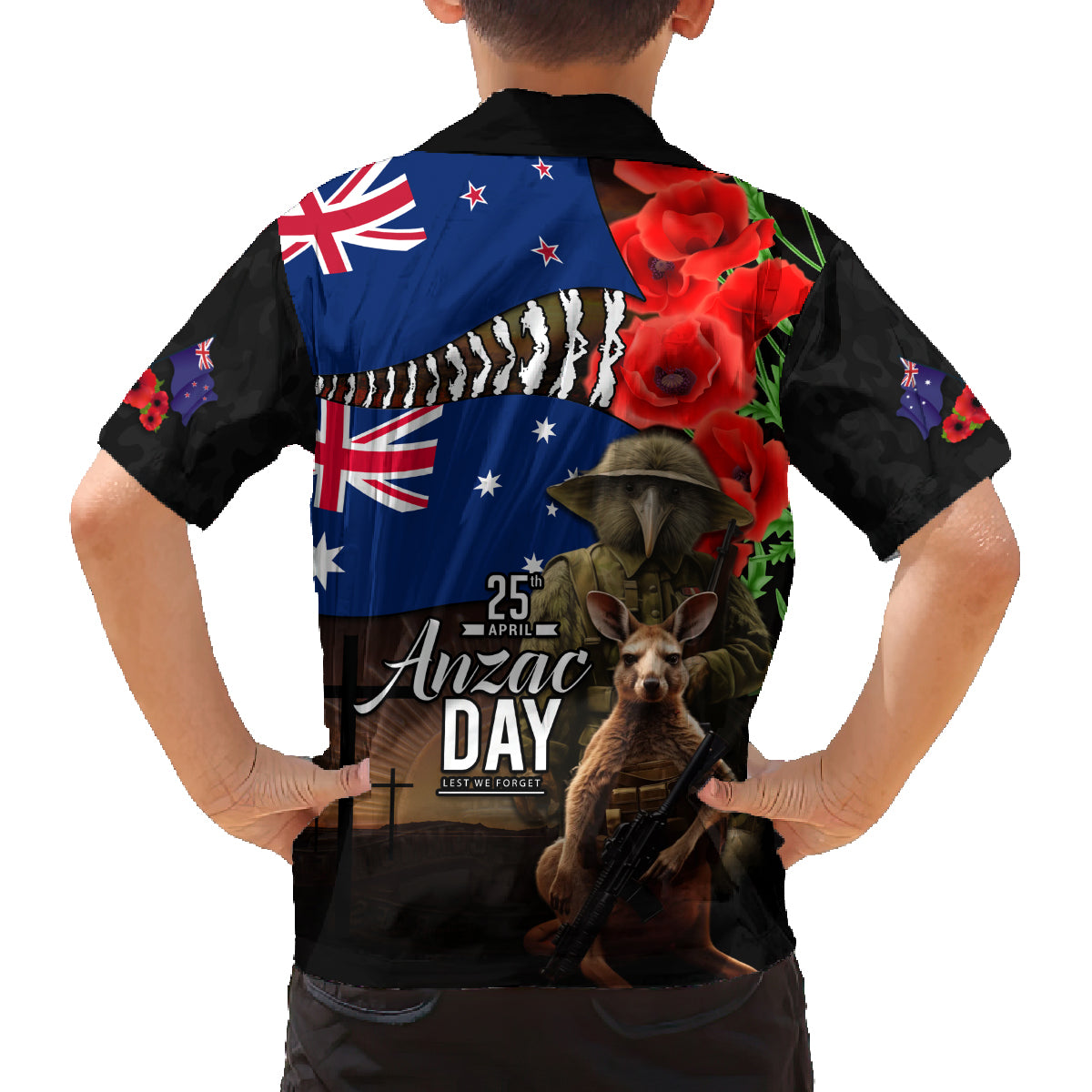 New Zealand and Australia ANZAC Day Family Matching Puletasi and Hawaiian Shirt National Flag mix Kiwi Bird and Kangaroo Soldier Style LT03 - Polynesian Pride