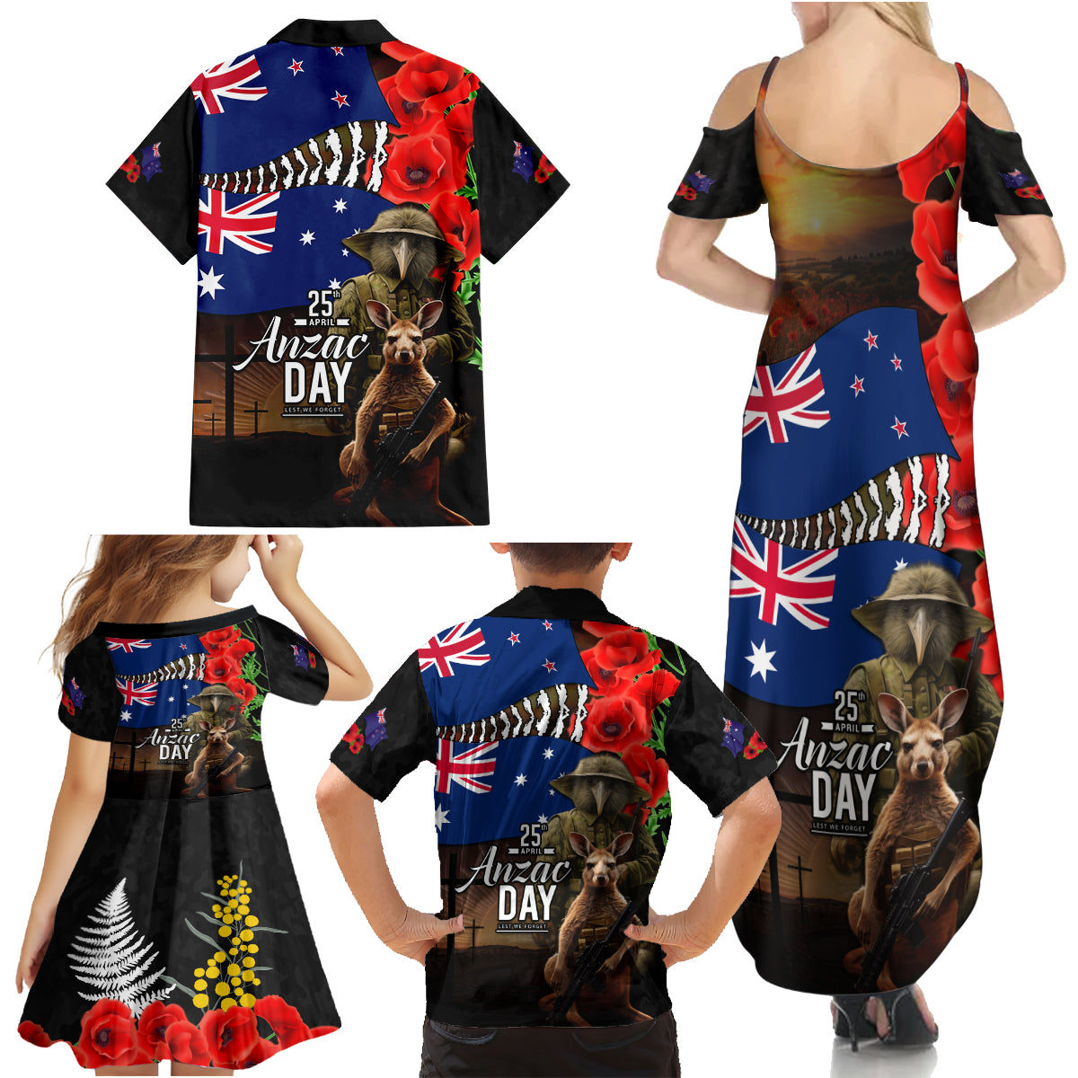 New Zealand and Australia ANZAC Day Family Matching Summer Maxi Dress and Hawaiian Shirt National Flag mix Kiwi Bird and Kangaroo Soldier Style LT03 - Polynesian Pride