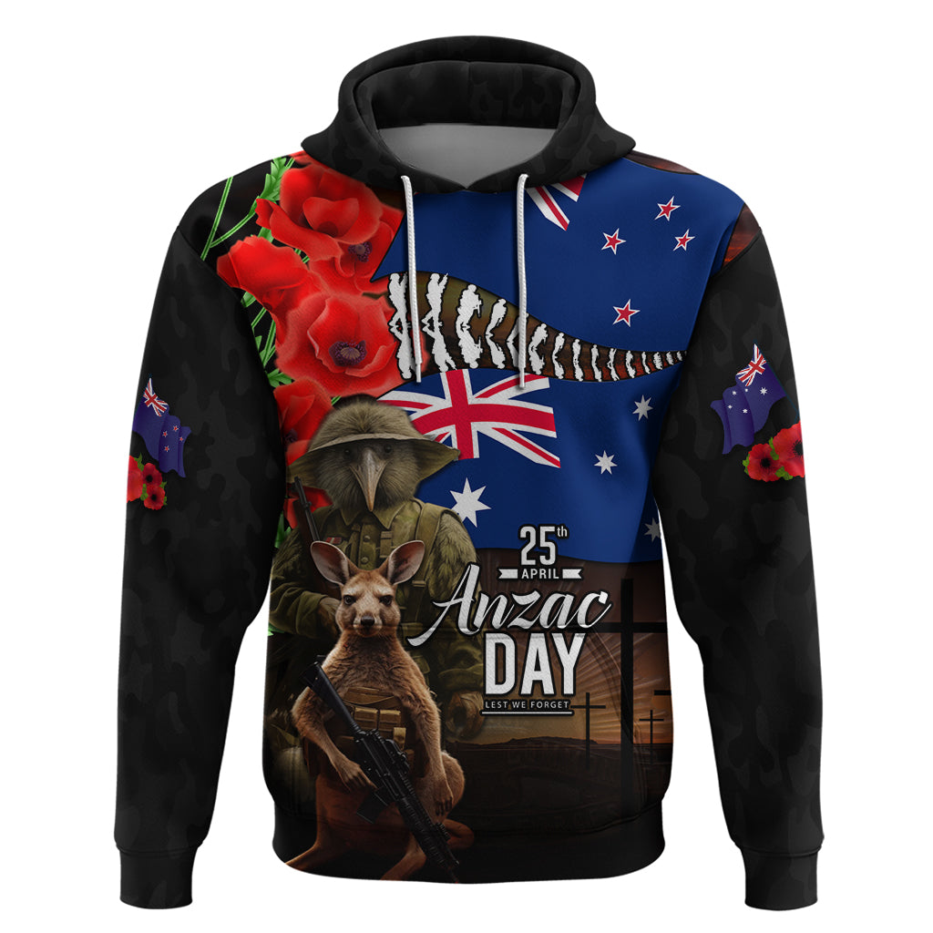 New Zealand and Australia ANZAC Day Hoodie National Flag mix Kiwi Bird and Kangaroo Soldier Style LT03 Pullover Hoodie Black - Polynesian Pride