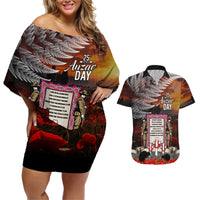 New Zealand ANZAC Day Couples Matching Off Shoulder Short Dress and Hawaiian Shirt The Ode of Remembrance and Silver Fern LT03 Black - Polynesian Pride