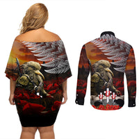 New Zealand ANZAC Day Couples Matching Off Shoulder Short Dress and Long Sleeve Button Shirt The Ode of Remembrance and Silver Fern LT03 - Polynesian Pride