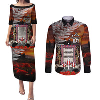 New Zealand ANZAC Day Couples Matching Puletasi and Long Sleeve Button Shirt The Ode of Remembrance and Silver Fern LT03 Black - Polynesian Pride