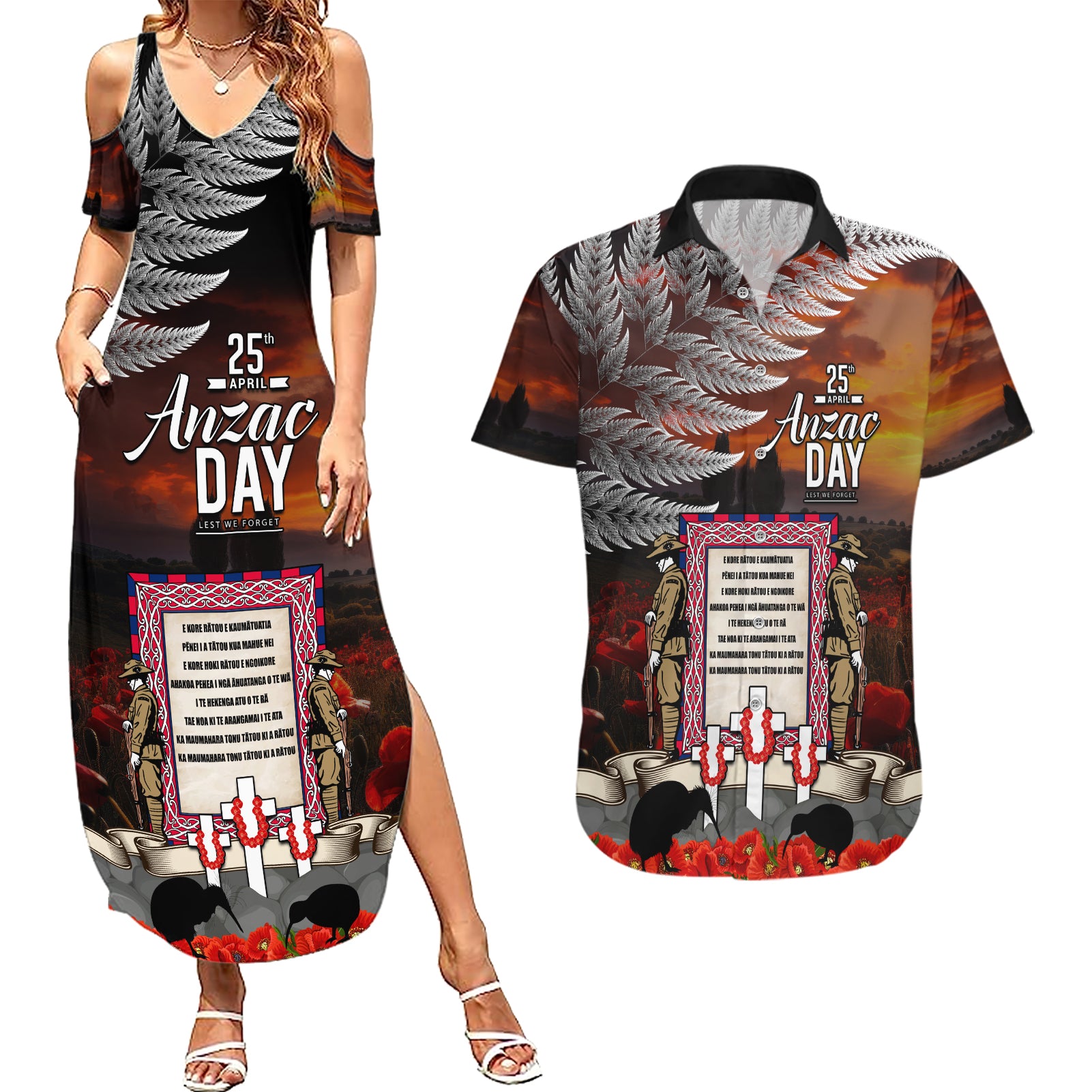 New Zealand ANZAC Day Couples Matching Summer Maxi Dress and Hawaiian Shirt The Ode of Remembrance and Silver Fern LT03 Black - Polynesian Pride