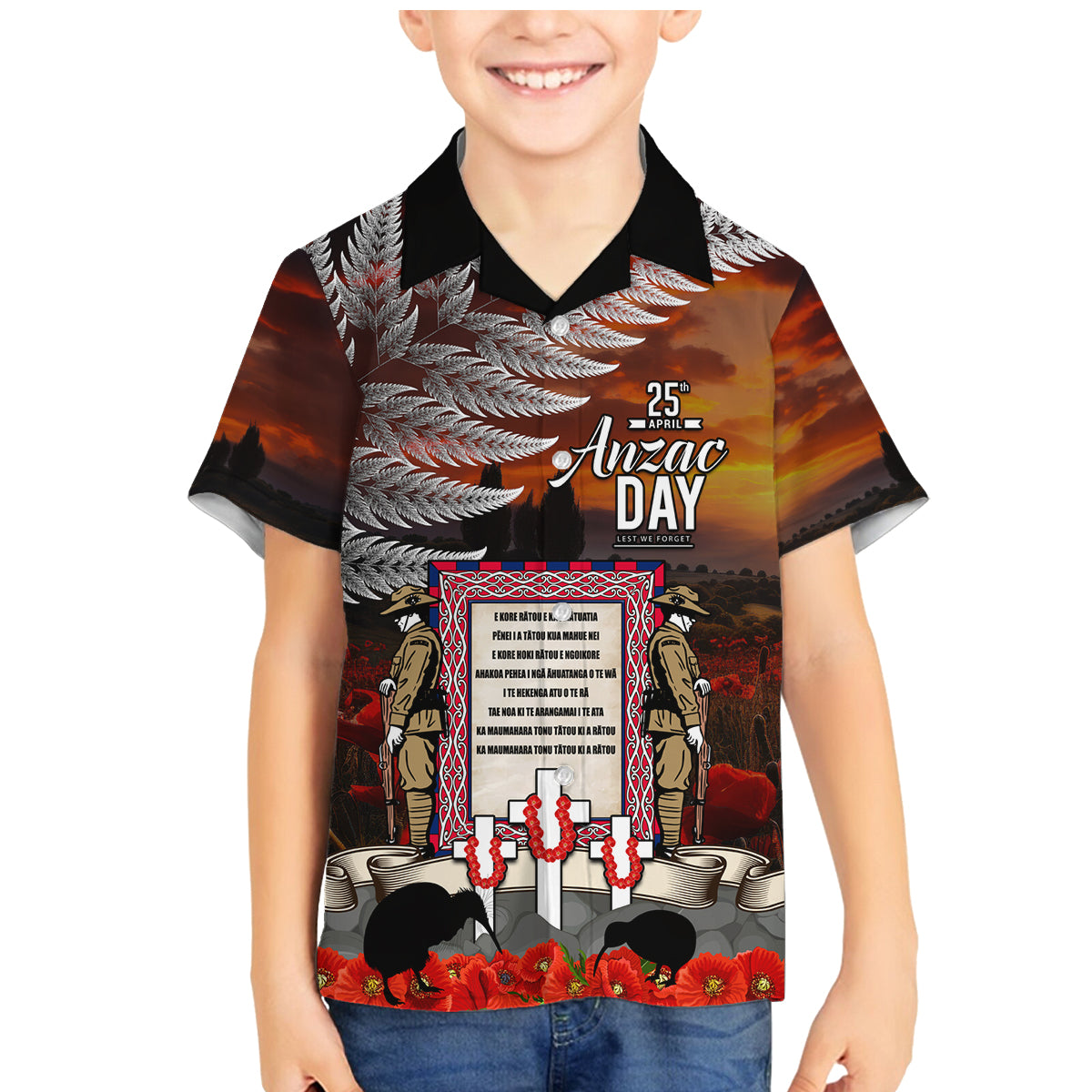 New Zealand ANZAC Day Family Matching Mermaid Dress and Hawaiian Shirt The Ode of Remembrance and Silver Fern LT03 Son's Shirt Black - Polynesian Pride