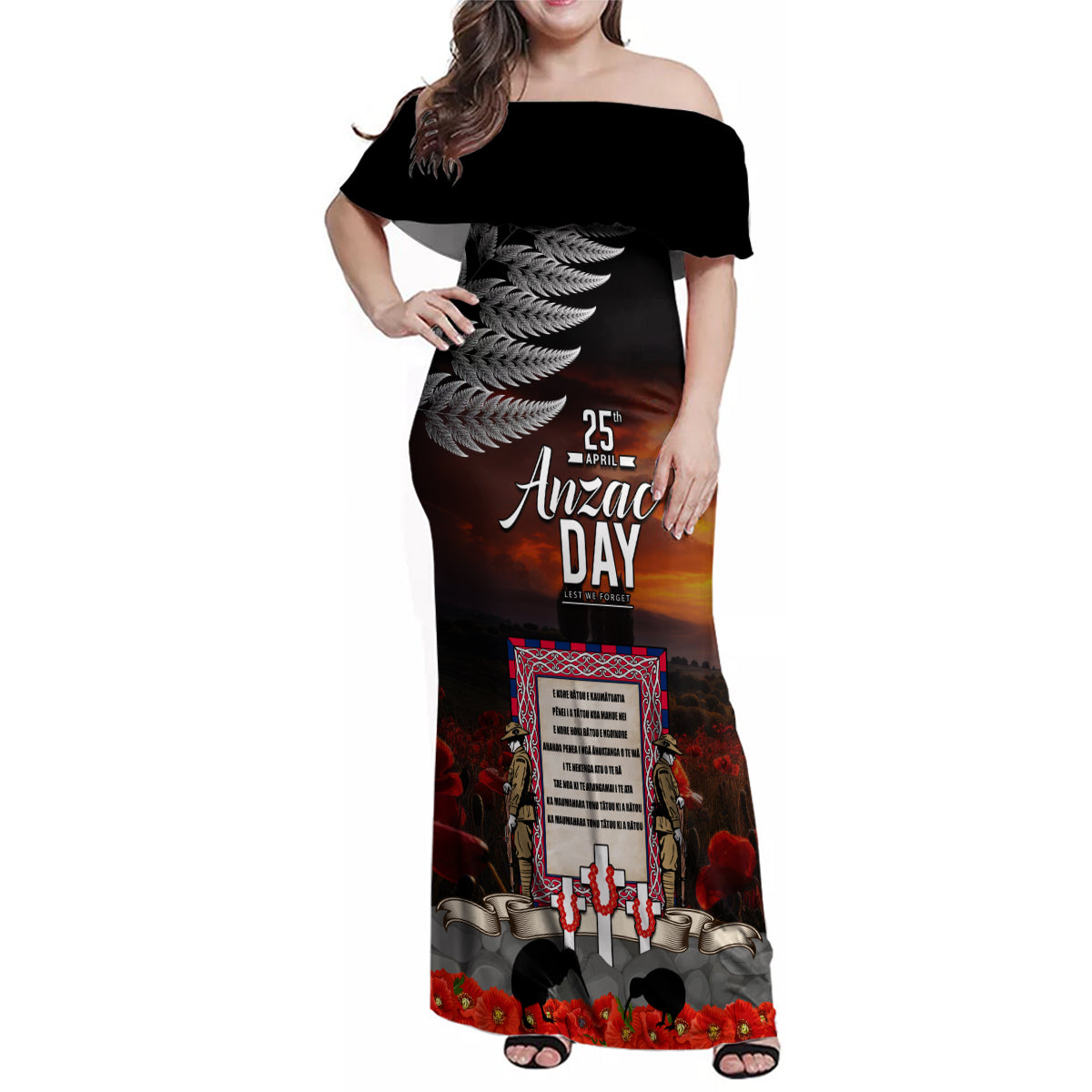 New Zealand ANZAC Day Family Matching Off Shoulder Maxi Dress and Hawaiian Shirt The Ode of Remembrance and Silver Fern LT03 Mom's Dress Black - Polynesian Pride