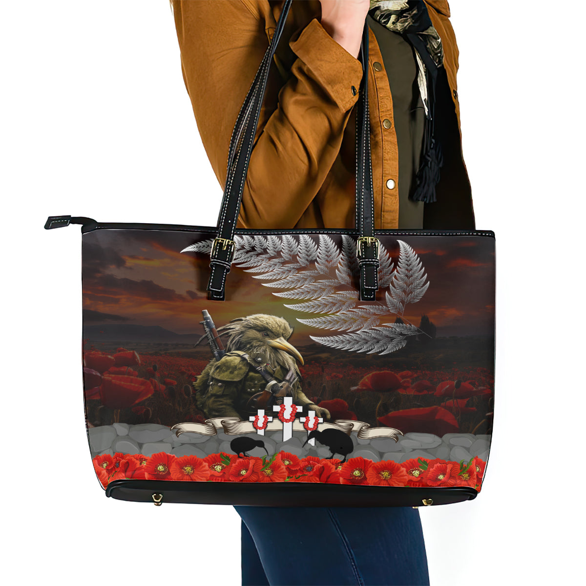 New Zealand ANZAC Day Leather Tote Bag The Ode of Remembrance and Silver Fern