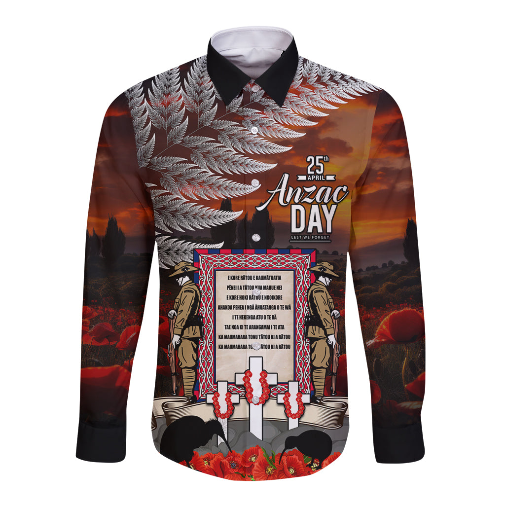 New Zealand ANZAC Day Long Sleeve Button Shirt The Ode of Remembrance and Silver Fern LT03 Unisex Black - Polynesian Pride