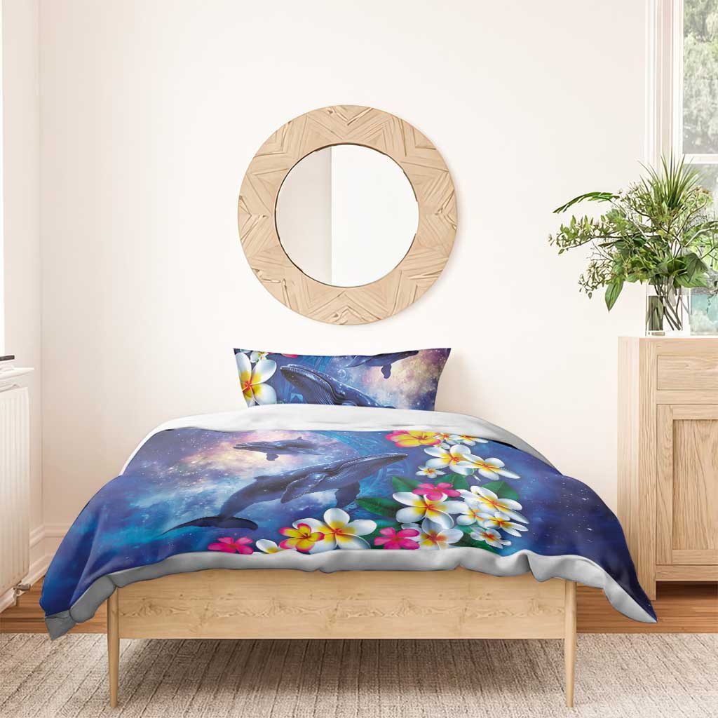 Hawaiian Lei Day Plumeria Humpback Whales Bedding Set Polynesian Art Vibrant Starry Nebula Style