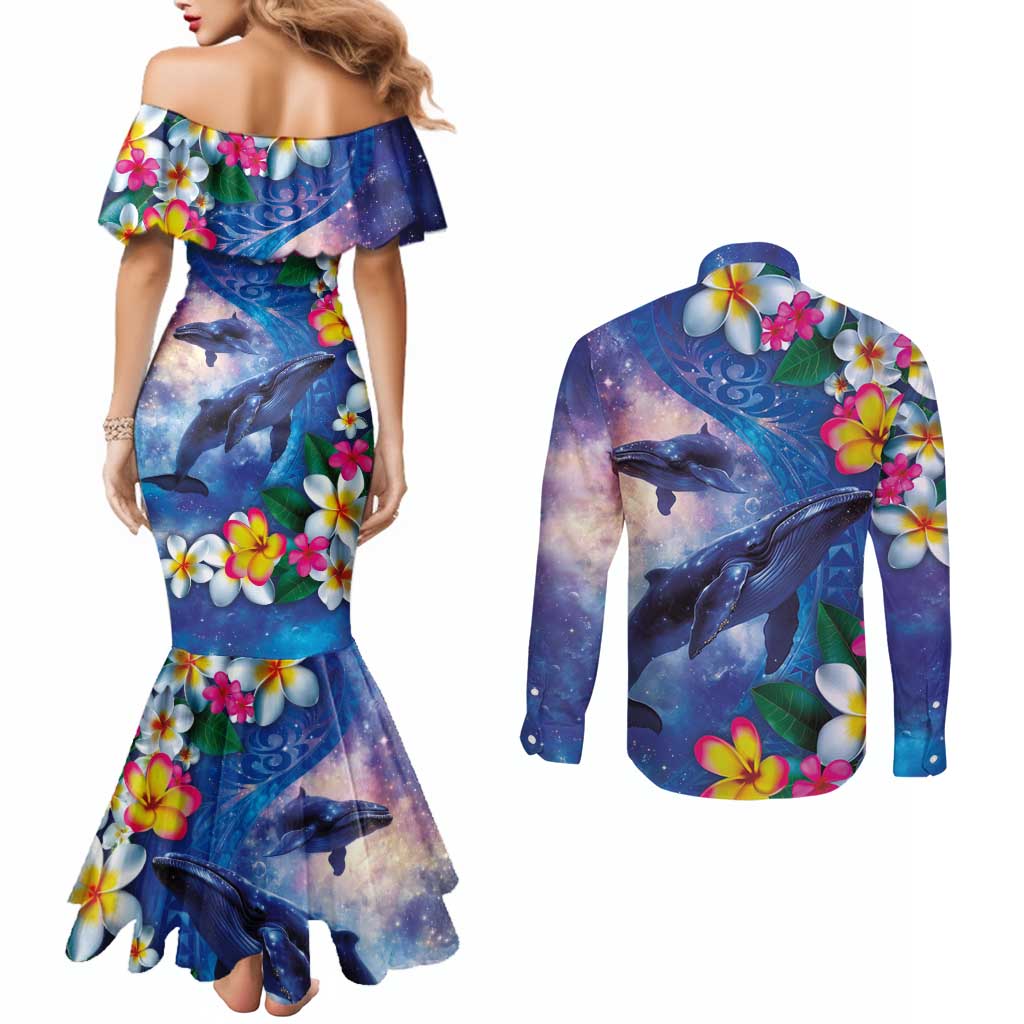 Hawaiian Lei Day Plumeria Humpback Whales Couples Matching Mermaid Dress and Long Sleeve Button Shirt Polynesian Art Vibrant Starry Nebula Style