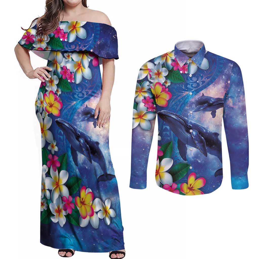 Hawaiian Lei Day Plumeria Humpback Whales Couples Matching Off Shoulder Maxi Dress and Long Sleeve Button Shirt Polynesian Art Vibrant Starry Nebula Style