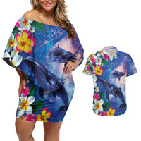 Hawaiian Lei Day Plumeria Humpback Whales Couples Matching Off Shoulder Short Dress and Hawaiian Shirt Polynesian Art Vibrant Starry Nebula Style