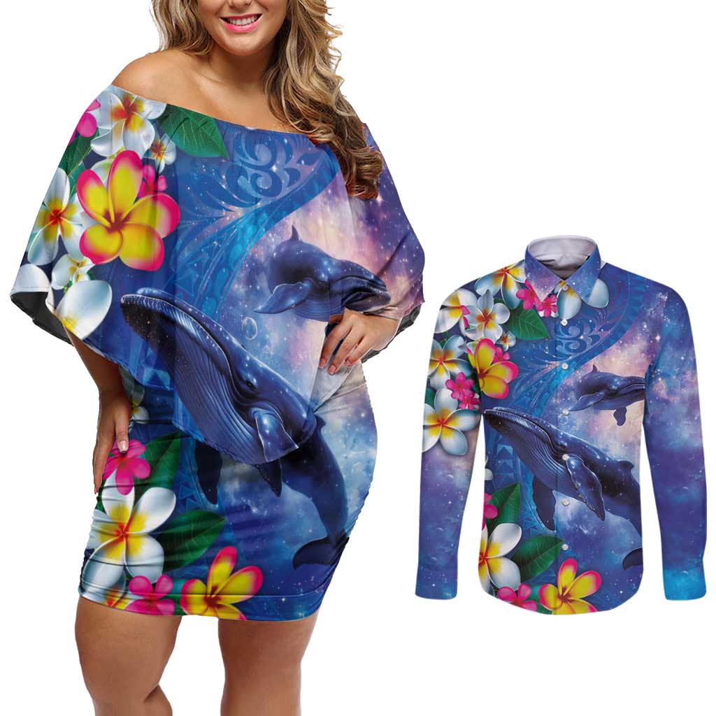 Hawaiian Lei Day Plumeria Humpback Whales Couples Matching Off Shoulder Short Dress and Long Sleeve Button Shirt Polynesian Art Vibrant Starry Nebula Style