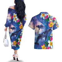 Hawaiian Lei Day Plumeria Humpback Whales Couples Matching Off The Shoulder Long Sleeve Dress and Hawaiian Shirt Polynesian Art Vibrant Starry Nebula Style