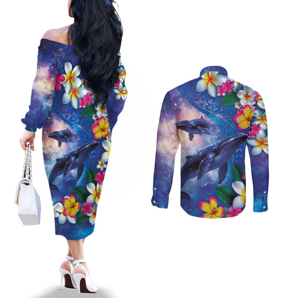 Hawaiian Lei Day Plumeria Humpback Whales Couples Matching Off The Shoulder Long Sleeve Dress and Long Sleeve Button Shirt Polynesian Art Vibrant Starry Nebula Style