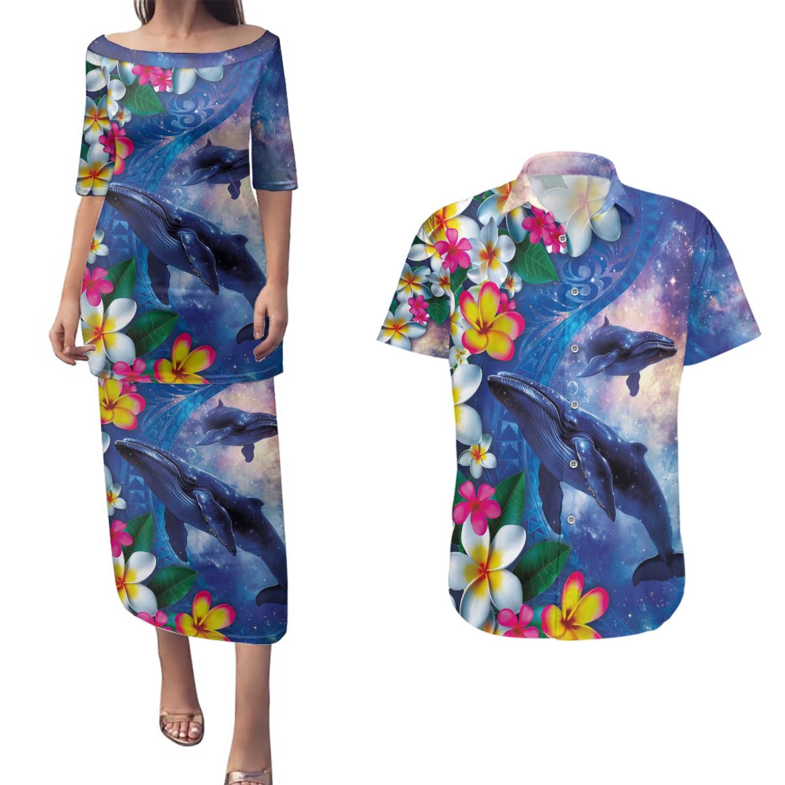 Hawaiian Lei Day Plumeria Humpback Whales Couples Matching Puletasi and Hawaiian Shirt Polynesian Art Vibrant Starry Nebula Style
