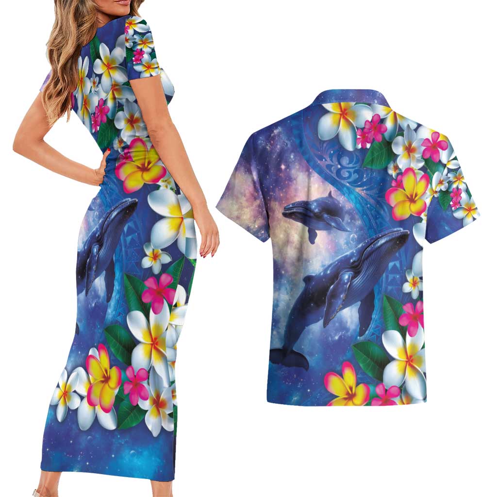 Hawaiian Lei Day Plumeria Humpback Whales Couples Matching Short Sleeve Bodycon Dress and Hawaiian Shirt Polynesian Art Vibrant Starry Nebula Style
