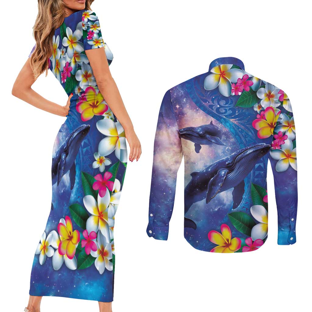 Hawaiian Lei Day Plumeria Humpback Whales Couples Matching Short Sleeve Bodycon Dress and Long Sleeve Button Shirt Polynesian Art Vibrant Starry Nebula Style