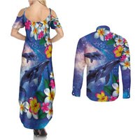 Hawaiian Lei Day Plumeria Humpback Whales Couples Matching Summer Maxi Dress and Long Sleeve Button Shirt Polynesian Art Vibrant Starry Nebula Style