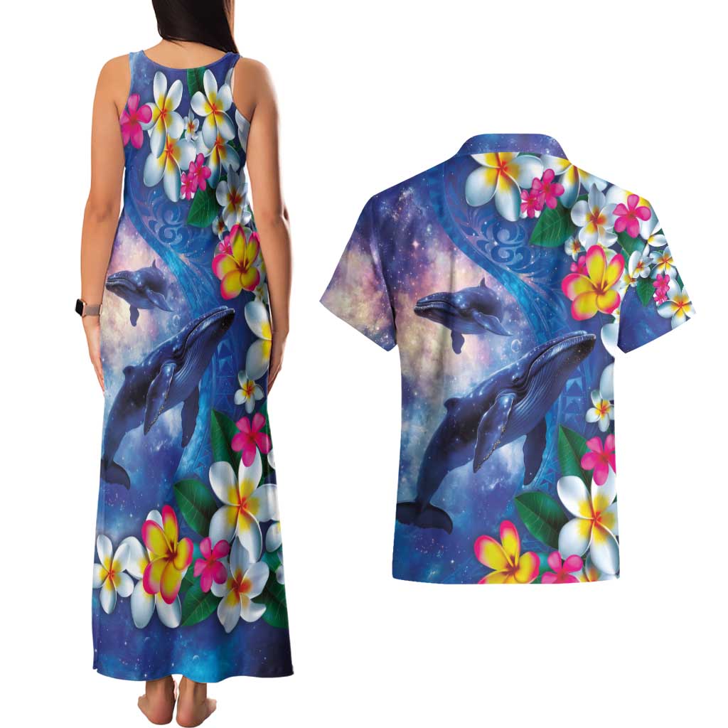 Hawaiian Lei Day Plumeria Humpback Whales Couples Matching Tank Maxi Dress and Hawaiian Shirt Polynesian Art Vibrant Starry Nebula Style