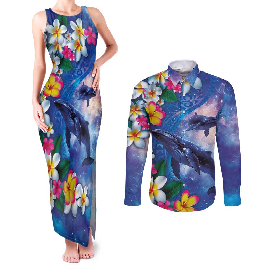 Hawaiian Lei Day Plumeria Humpback Whales Couples Matching Tank Maxi Dress and Long Sleeve Button Shirt Polynesian Art Vibrant Starry Nebula Style