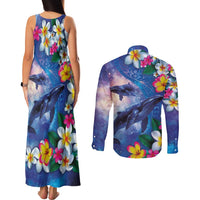 Hawaiian Lei Day Plumeria Humpback Whales Couples Matching Tank Maxi Dress and Long Sleeve Button Shirt Polynesian Art Vibrant Starry Nebula Style