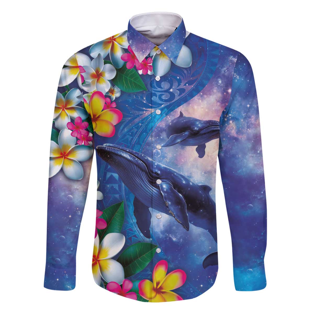 Hawaiian Lei Day Plumeria Humpback Whales Family Matching Off The Shoulder Long Sleeve Dress and Hawaiian Shirt Polynesian Art Vibrant Starry Nebula Style