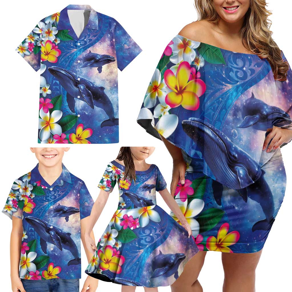 Hawaiian Lei Day Plumeria Humpback Whales Family Matching Off Shoulder Short Dress and Hawaiian Shirt Polynesian Art Vibrant Starry Nebula Style